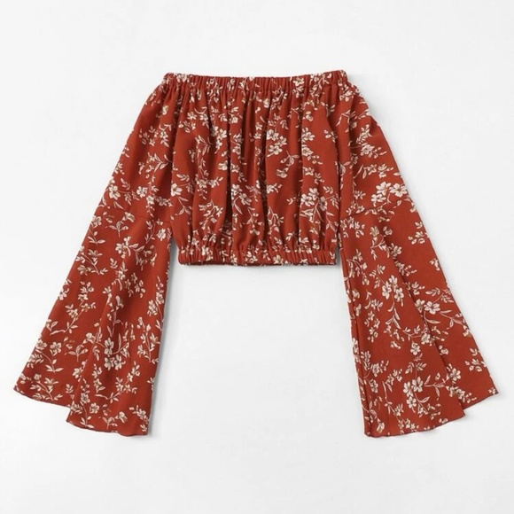 Floral Crop Bardot Fall Flared Sleeves Top  - 2X - Picture 1 of 3